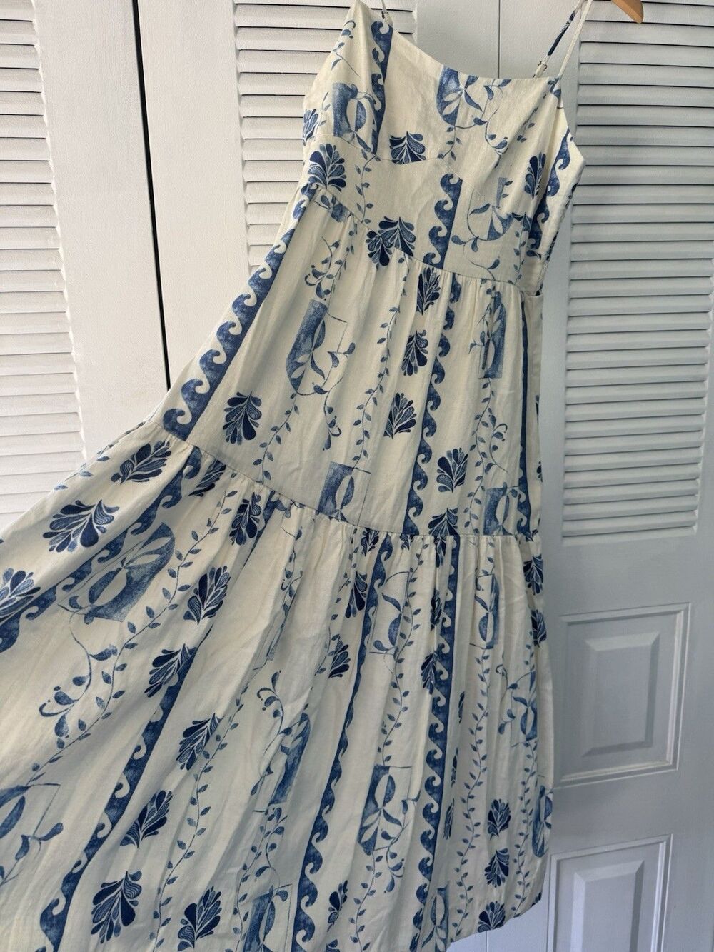 NWT Calypso St Barth Linen Blend Blue White Tiered Maxi Dress Medium Pockets - Picture 10 of 13